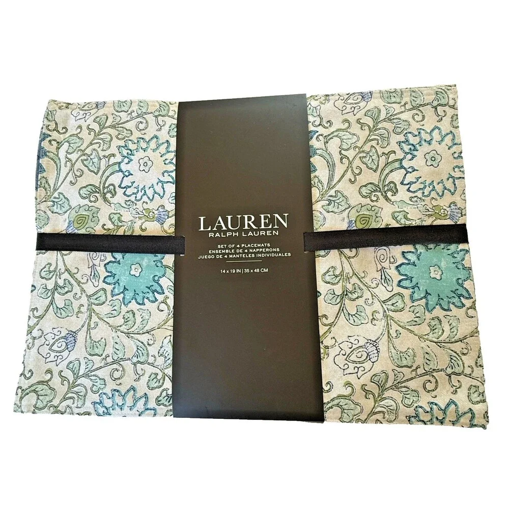 Ralph Lauren Home Blue Floral Placemats 100% Cotton 19x14 Set of 4 Machine Wash